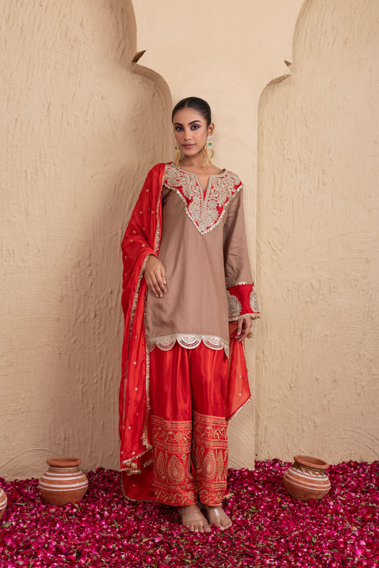 RED GOTA NECK WITH ALMOND FARSHI SALWAR SUIT SET