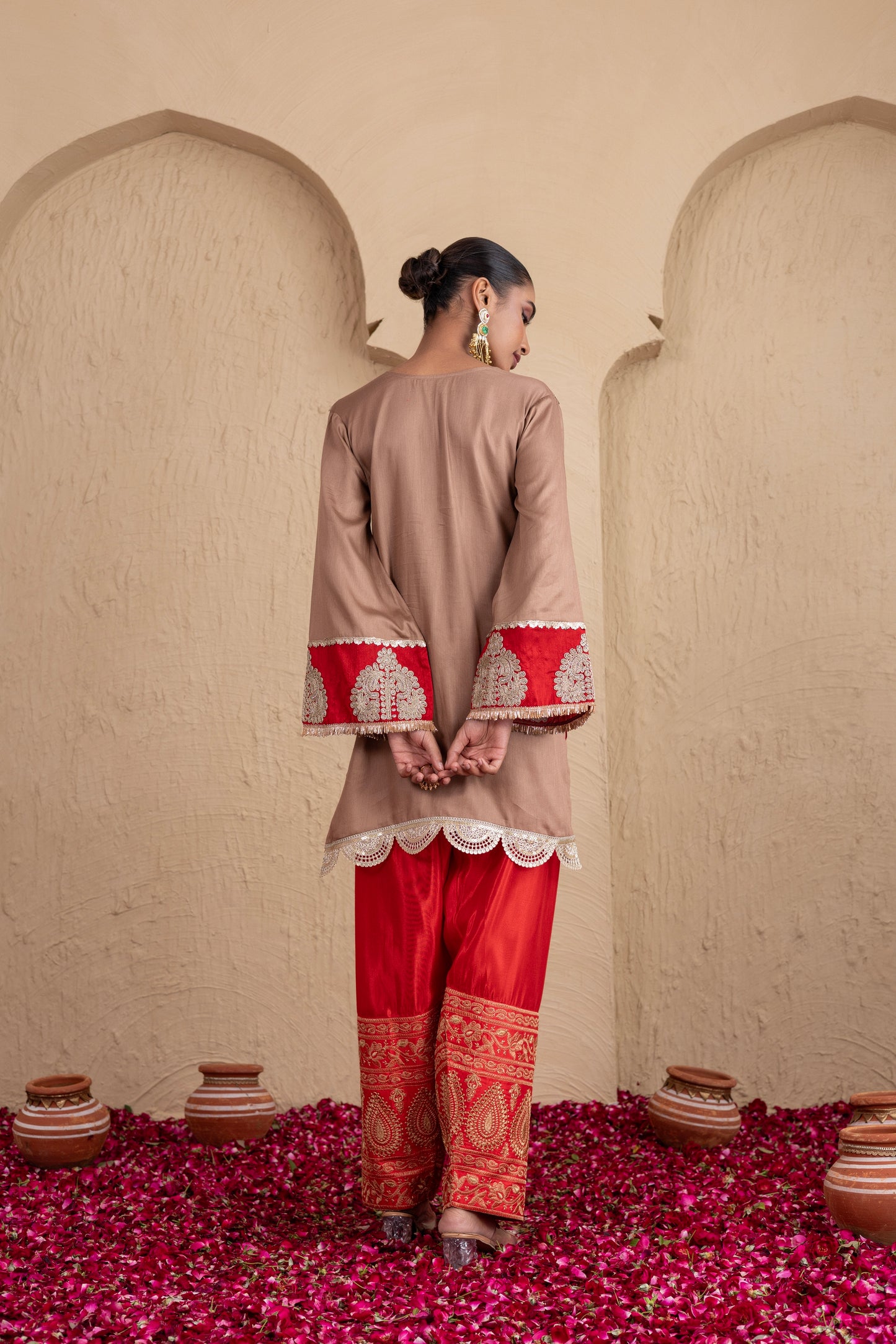 RED GOTA NECK WITH ALMOND FARSHI SALWAR SUIT SET
