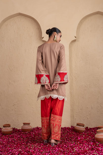 RED GOTA NECK WITH ALMOND FARSHI SALWAR SUIT SET