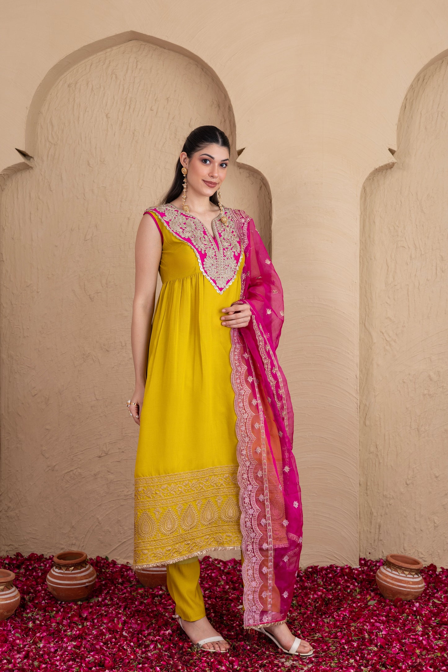 LIME GOTA WITH MAGENTA EMBROIDERED SUIT SET