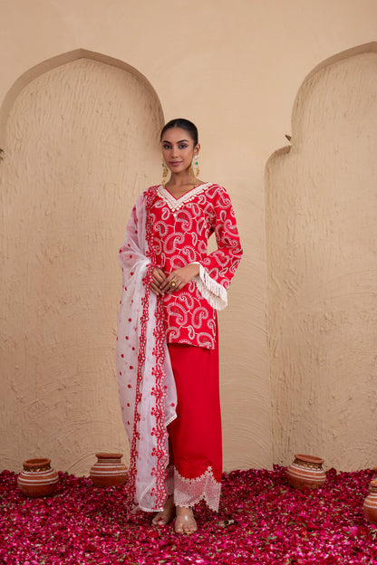 RED AND CREAM PAISLEY EMBROIDERED SUIT SET