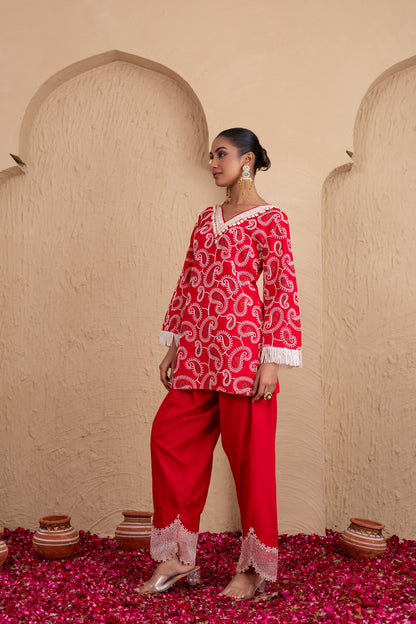 RED AND CREAM PAISLEY EMBROIDERED SUIT SET