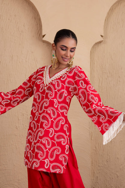 RED AND CREAM PAISLEY EMBROIDERED SUIT SET
