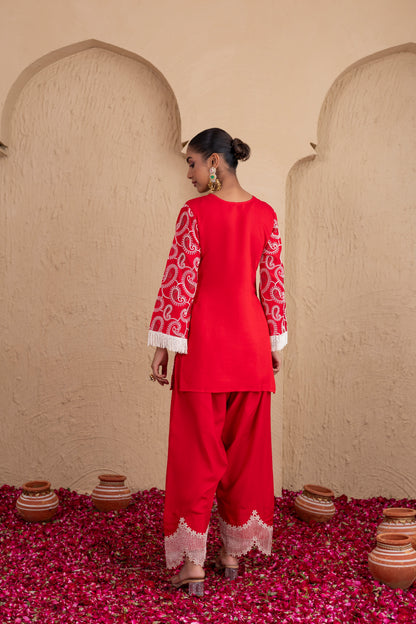RED AND CREAM PAISLEY EMBROIDERED SUIT SET