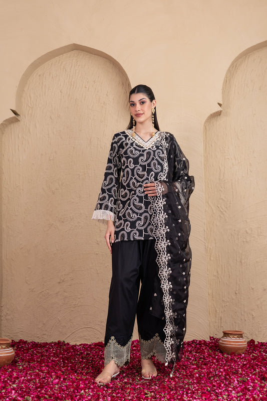BLACK AND CREAM PAISLEY EMBROIDERED SUIT SET