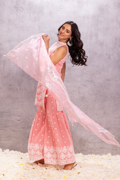 PEACH BLUSH SILVER SEQUENCE EMBROIDERED SUIT SET