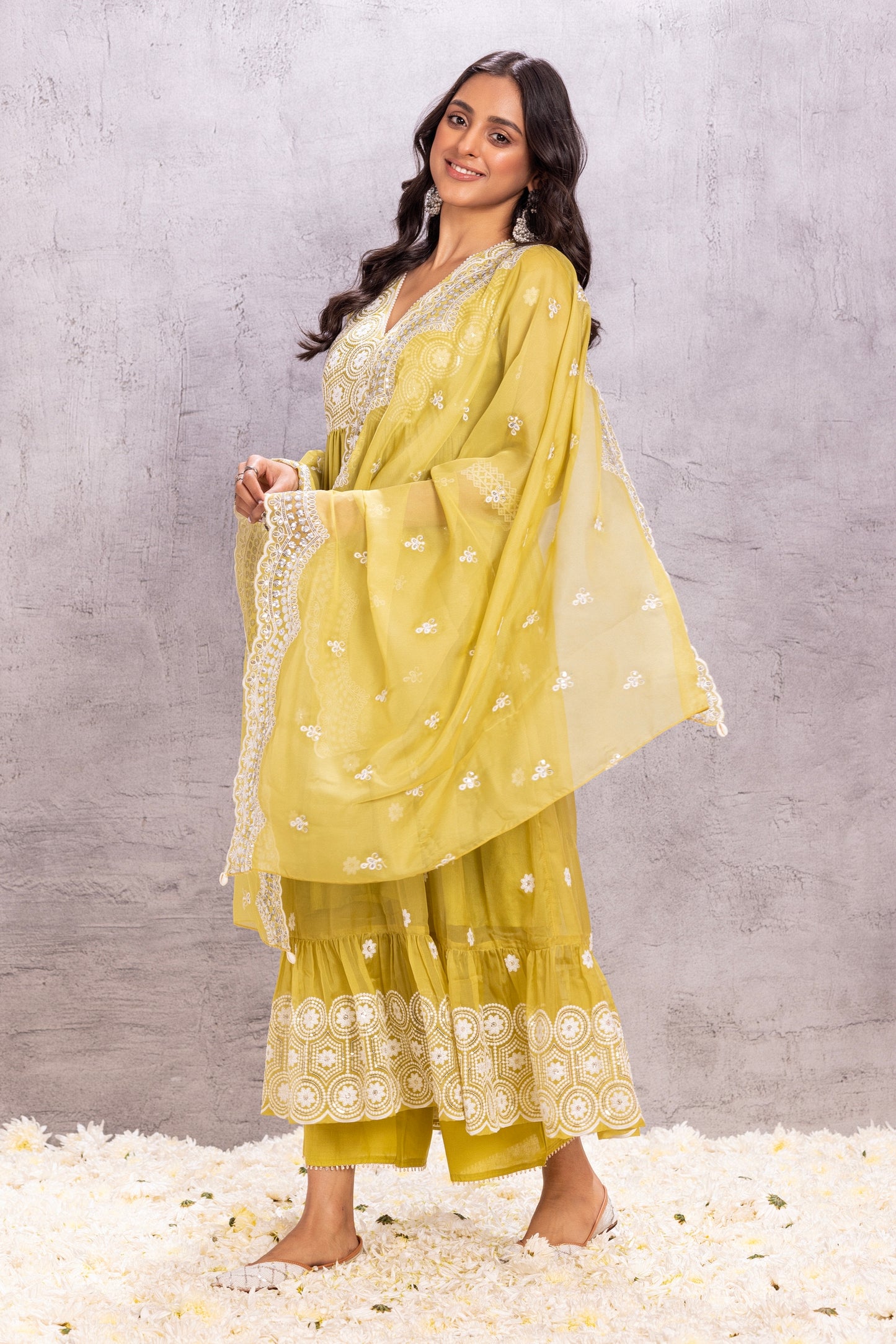 Citrus Lime Flared Suit Set with sequence embellished dupatta