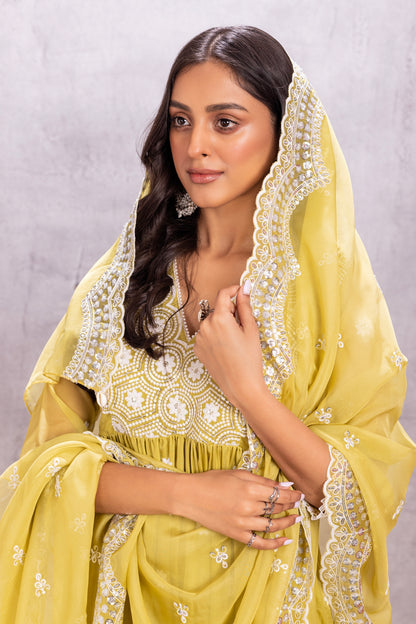 Citrus Lime Flared Suit Set with sequence embellished dupatta