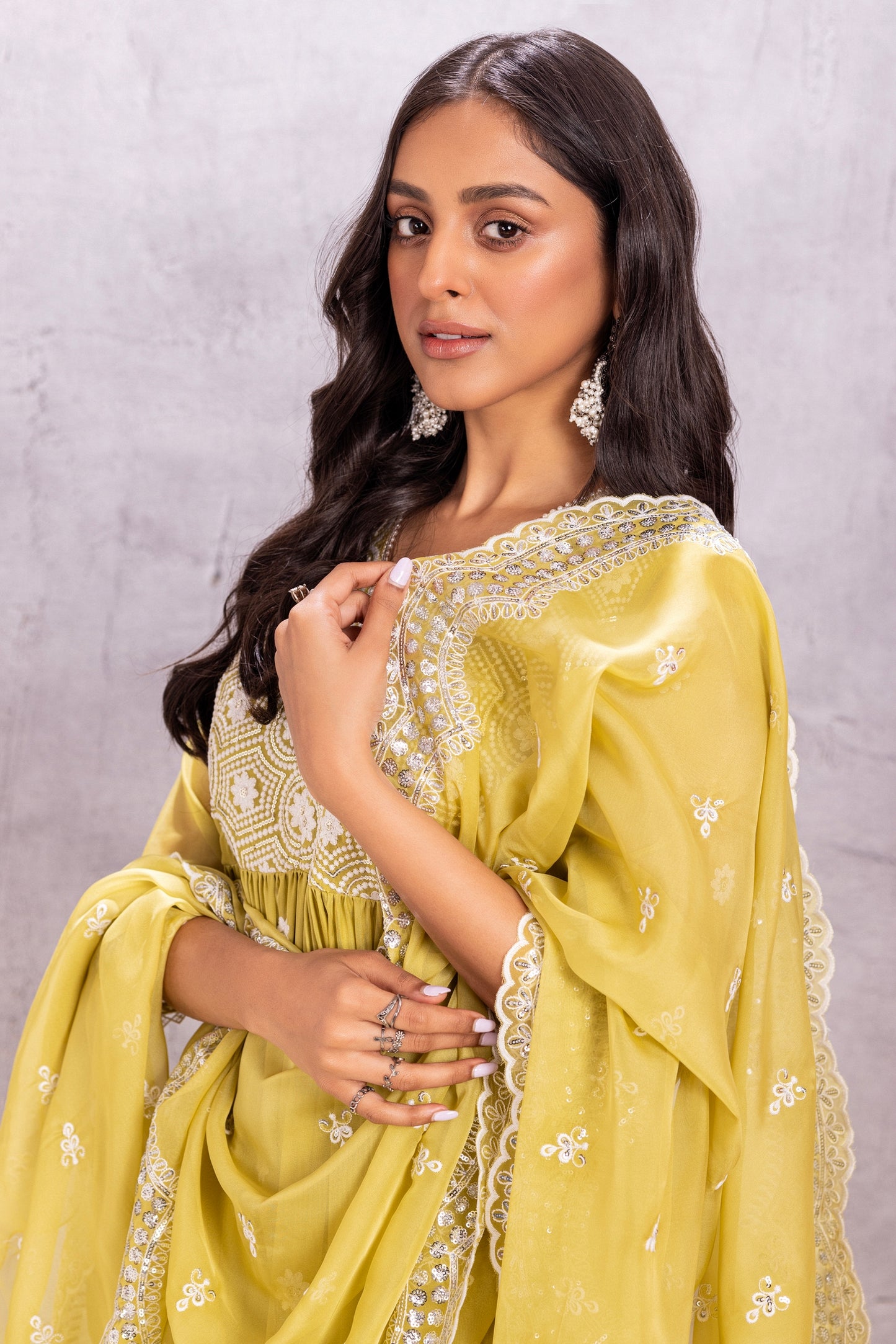 Citrus Lime Flared Suit Set with sequence embellished dupatta