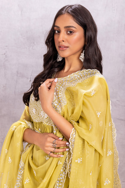 Citrus Lime Flared Suit Set with sequence embellished dupatta