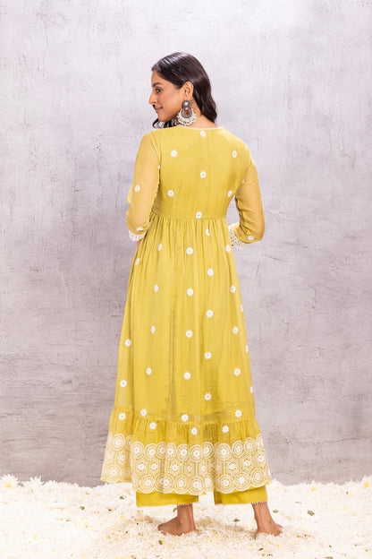 Citrus Lime Flared Suit Set with sequence embellished dupatta