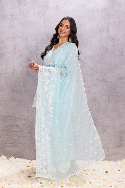SKY BLUE ORGANZA EMBROIDERED SUIT SET