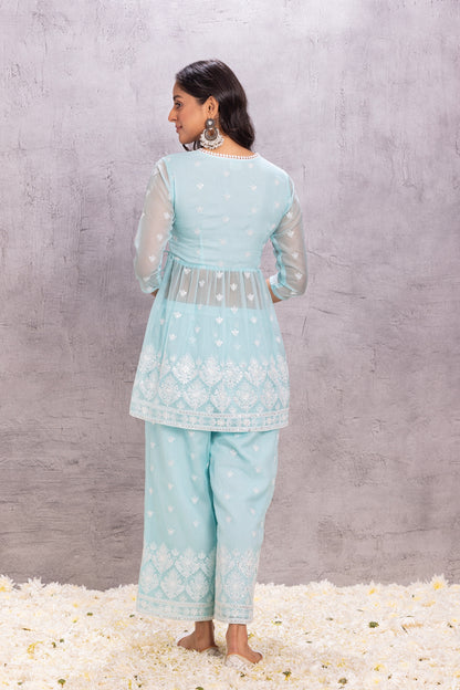SKY BLUE ORGANZA EMBROIDERED SUIT SET