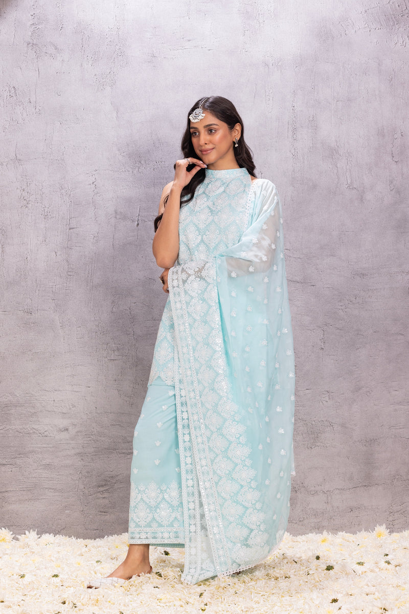 PASTEL AQUA HALTER SET WITH ORGANZA DUPATTA