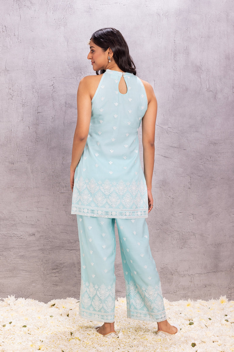 PASTEL AQUA HALTER SET WITH ORGANZA DUPATTA