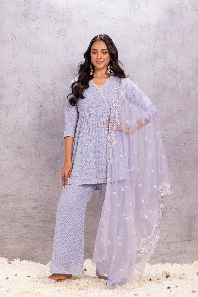 PASTEL GREY EMBROIDERED SUIT SET