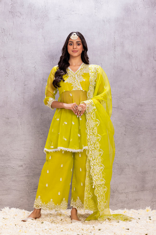 BRIGHT LIME ORGANZA EMBROIDERED SUIT SET