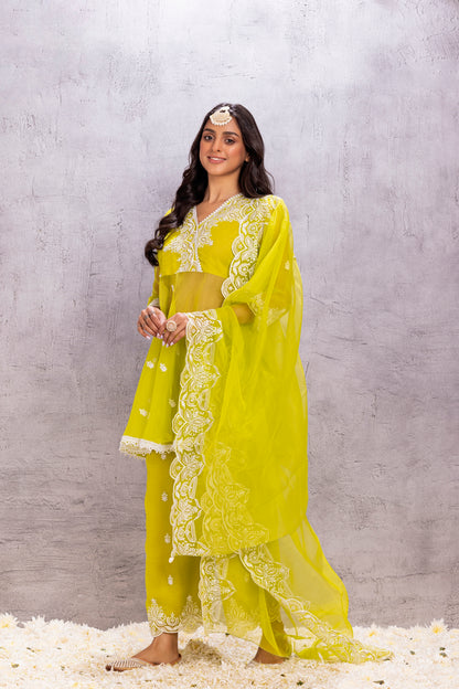 BRIGHT LIME ORGANZA EMBROIDERED SUIT SET