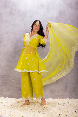 BRIGHT LIME ORGANZA EMBROIDERED SUIT SET