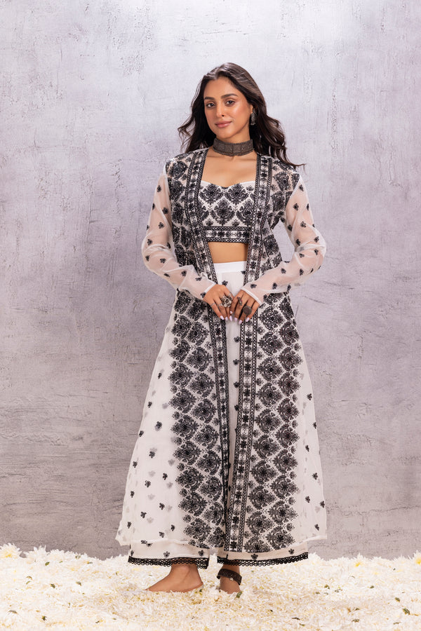 Off-WHITE AND BLACK EMBROIDERED INDO-WESTERN SET