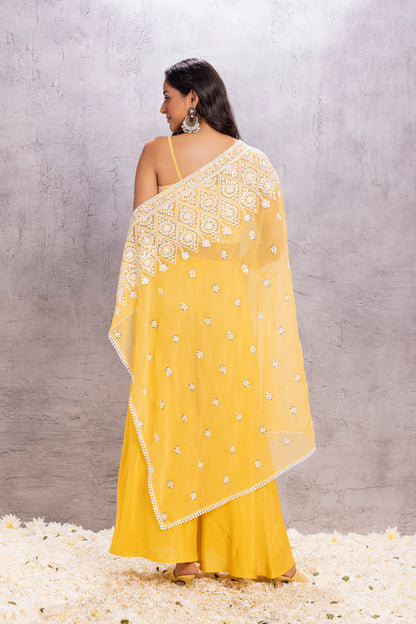 YELLOW EMBROIDERED SAREE STYLE KAFTAN SET