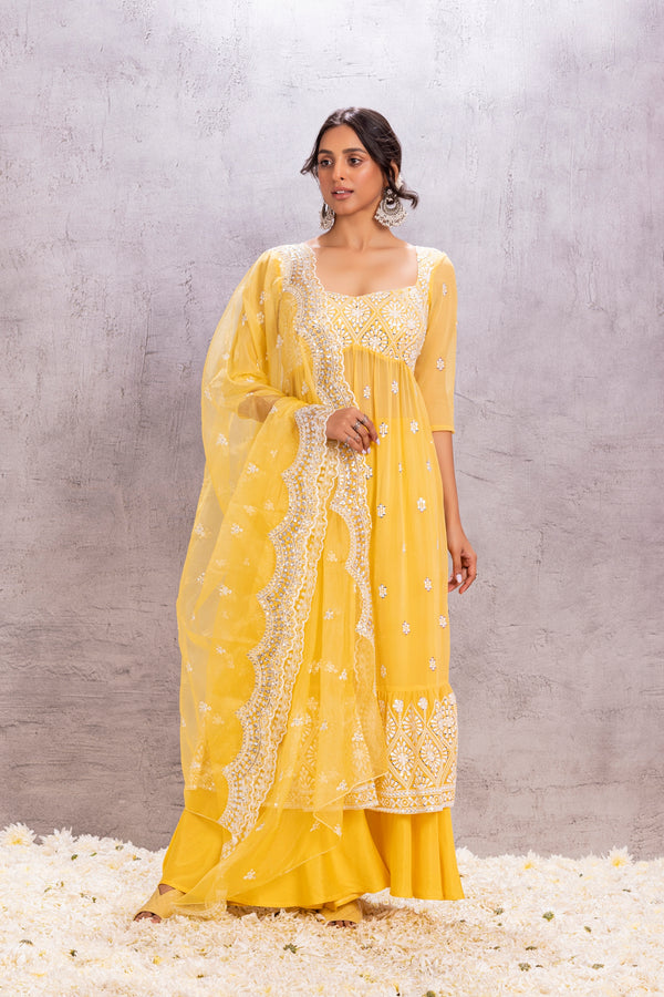 YELLOW TUSCAN FLARED EMBROIDERED SUIT SET