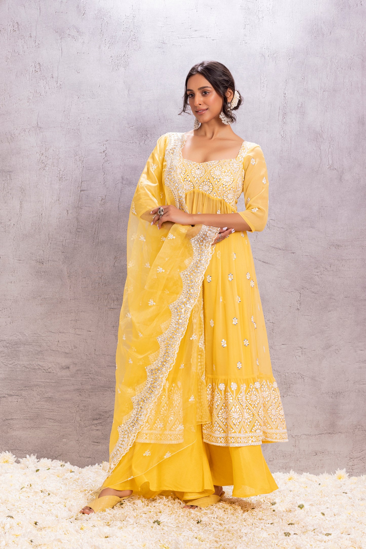 YELLOW TUSCAN FLARED EMBROIDERED SUIT SET
