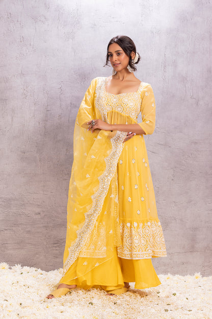 YELLOW TUSCAN FLARED EMBROIDERED SUIT SET