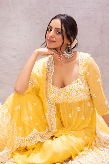 YELLOW TUSCAN FLARED EMBROIDERED SUIT SET