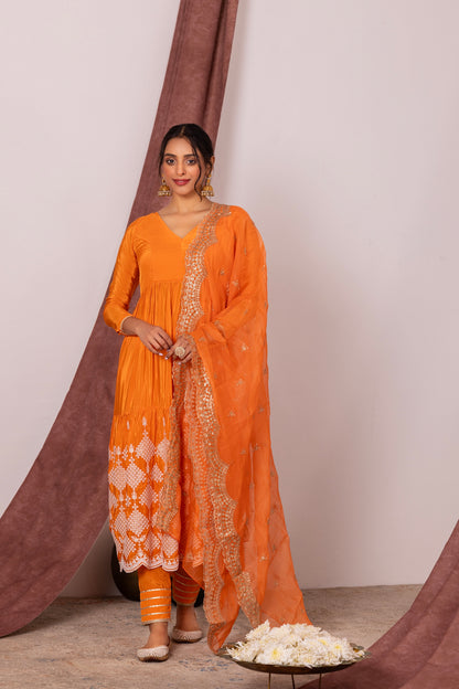 Bright Orange FLARED EMBROIDERED SUIT SET