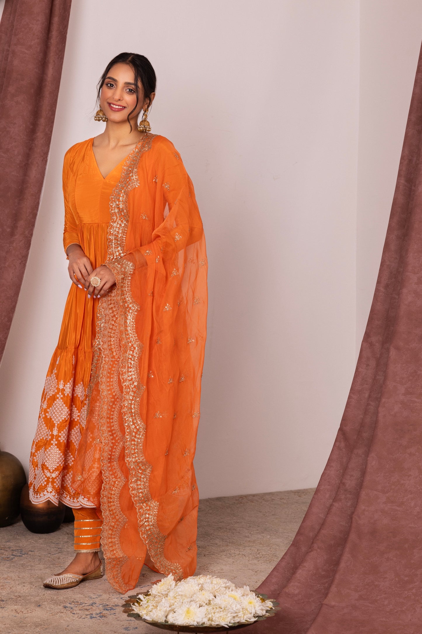 Bright Orange FLARED EMBROIDERED SUIT SET