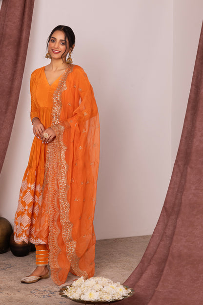 Bright Orange FLARED EMBROIDERED SUIT SET