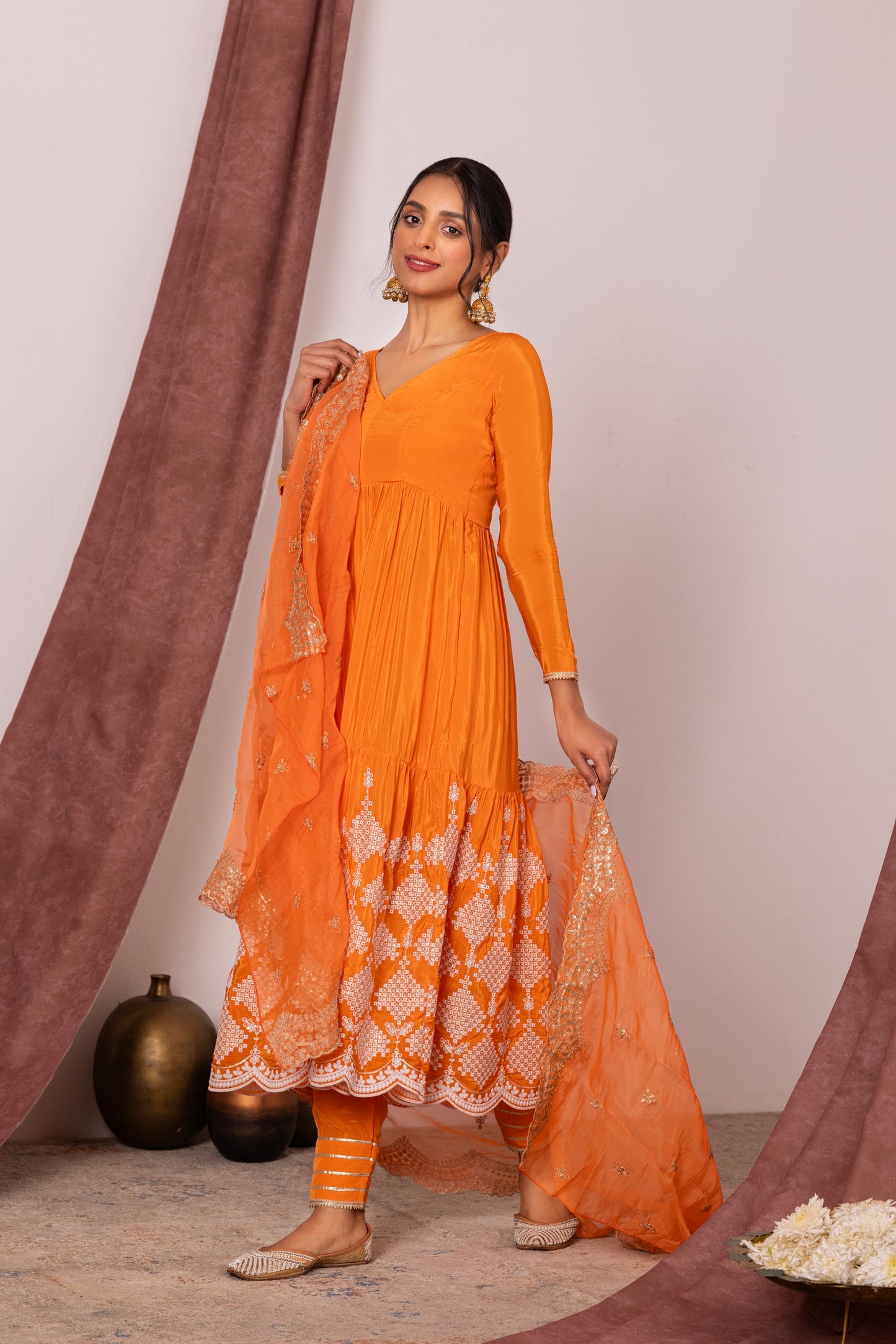 Bright Orange FLARED EMBROIDERED SUIT SET