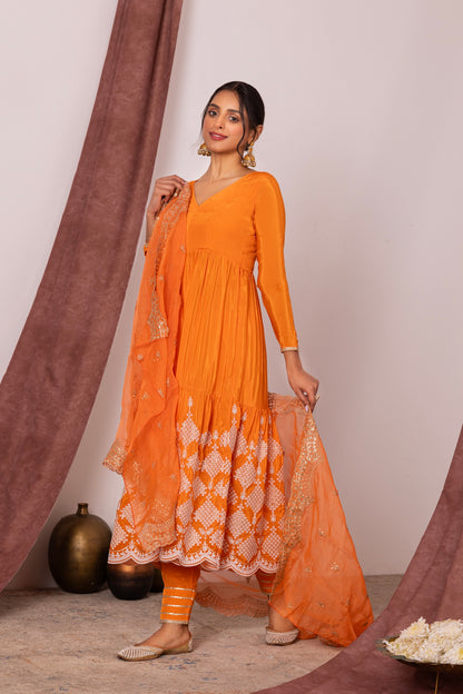 Bright Orange FLARED EMBROIDERED SUIT SET