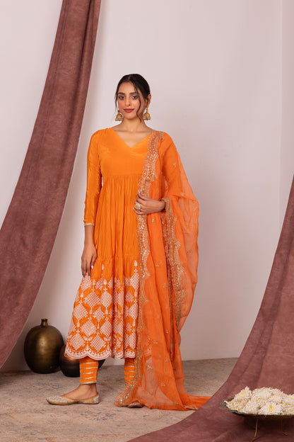 Bright Orange FLARED EMBROIDERED SUIT SET