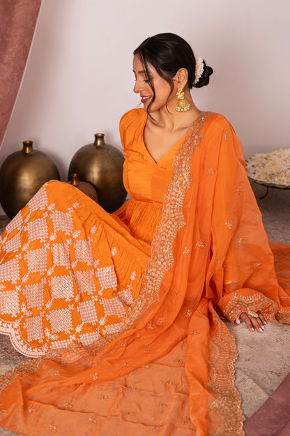 Bright Orange FLARED EMBROIDERED SUIT SET