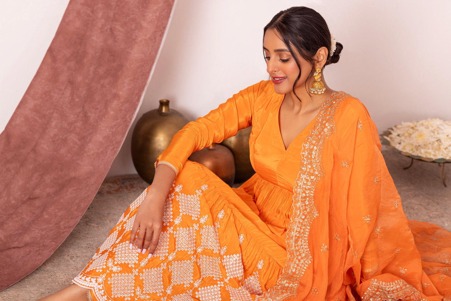 Bright Orange FLARED EMBROIDERED SUIT SET