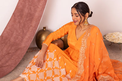 Bright Orange FLARED EMBROIDERED SUIT SET