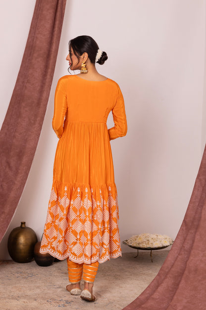Bright Orange FLARED EMBROIDERED SUIT SET