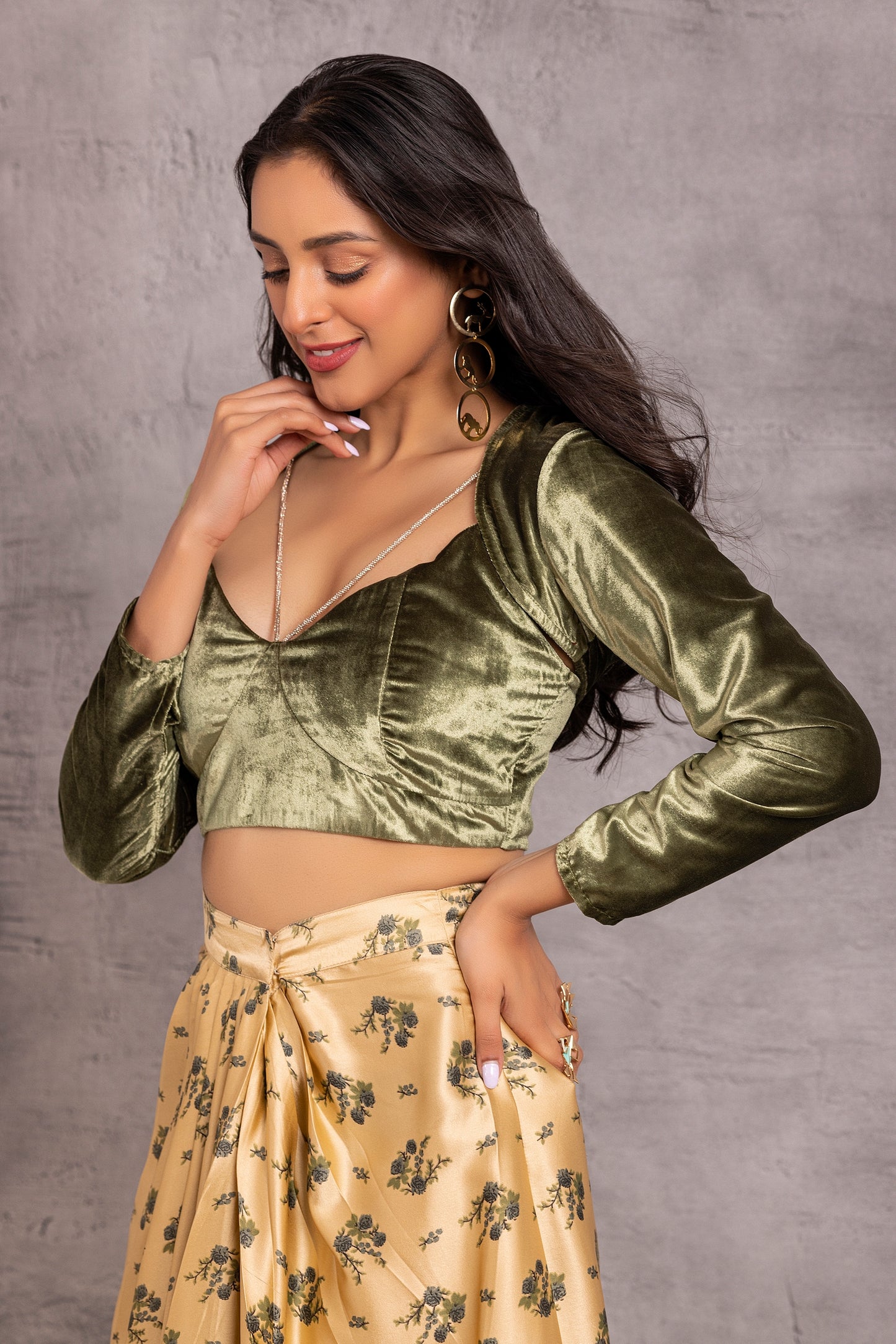 Dark Green Velvet Crop Top and Printed Skirt Set