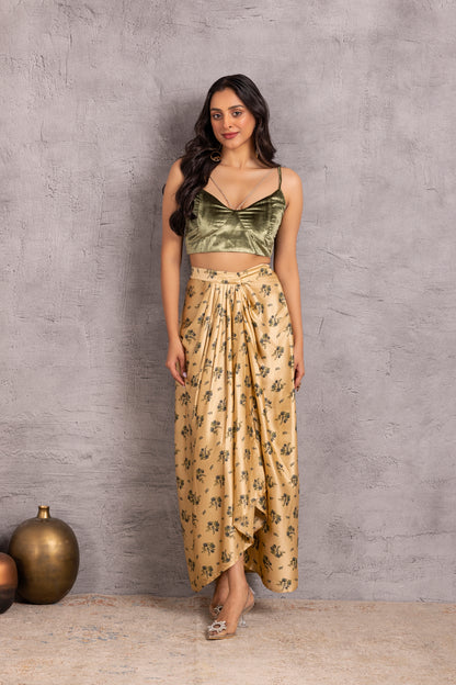 Dark Green Velvet Crop Top and Printed Skirt Set