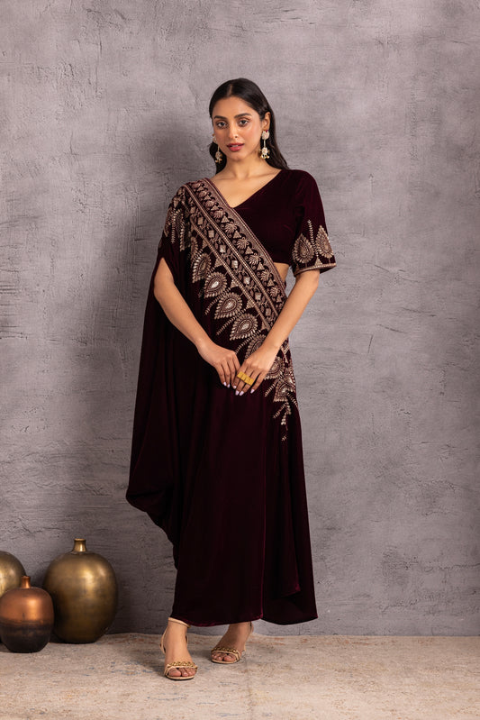 WINE VELVET Saree drape fusion dress