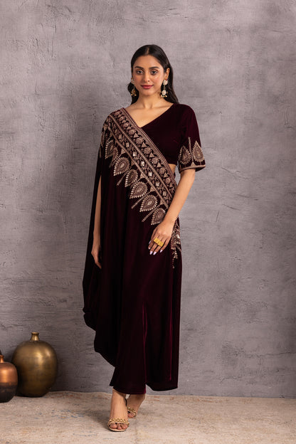 WINE VELVET Saree drape fusion dress