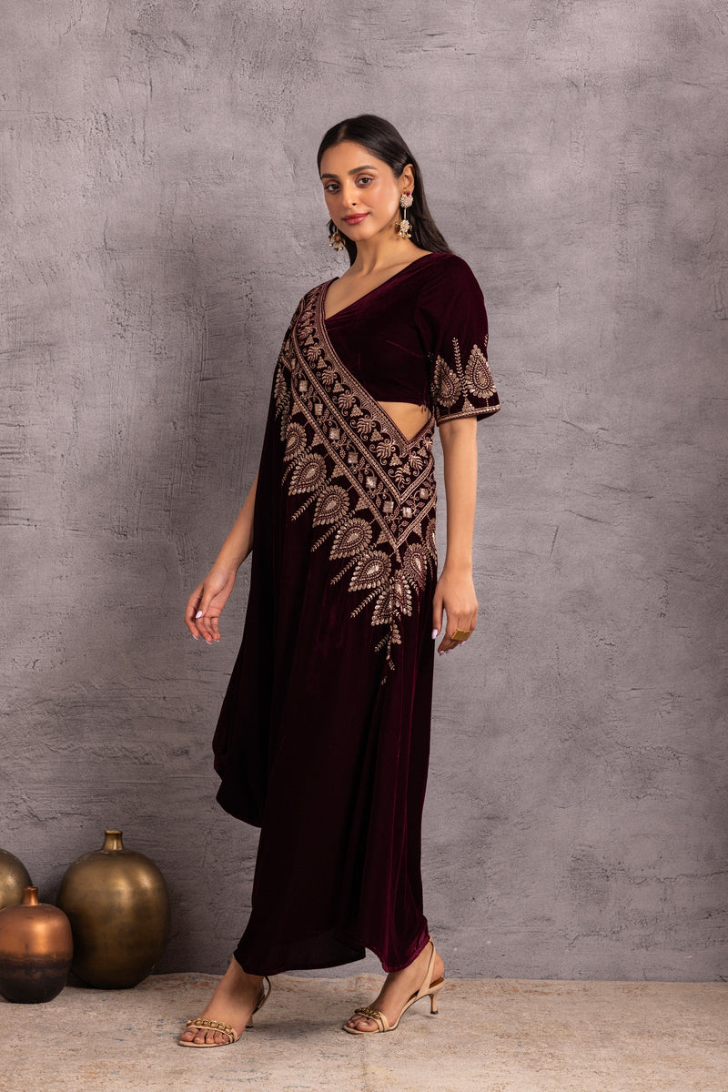 WINE VELVET Saree drape fusion dress