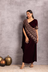WINE VELVET Saree drape fusion dress