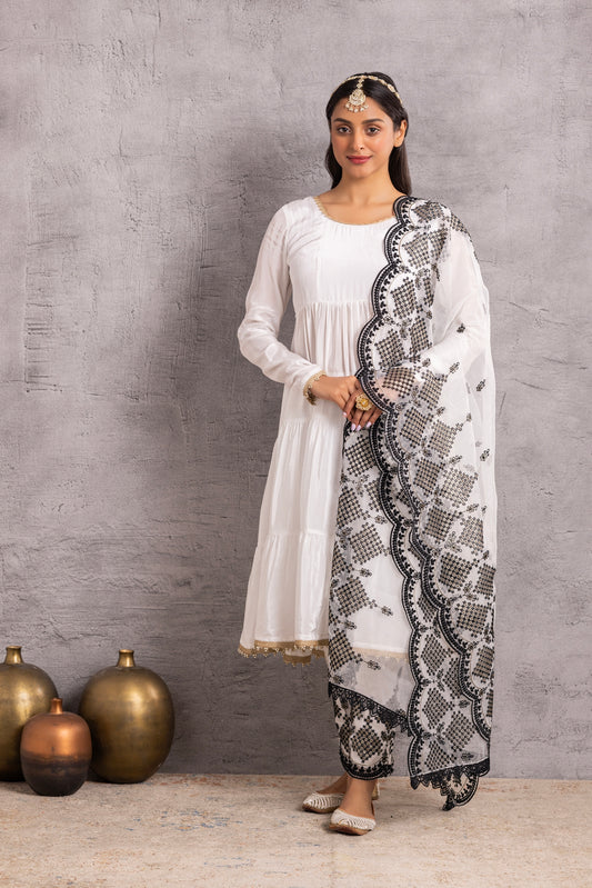 White Crepe Suit Set with Black and Gold Sequence embroidered Dupatta
