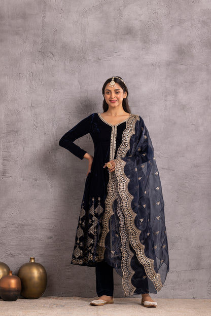 Navy blue velvet Suit Set with Organza Dupatta