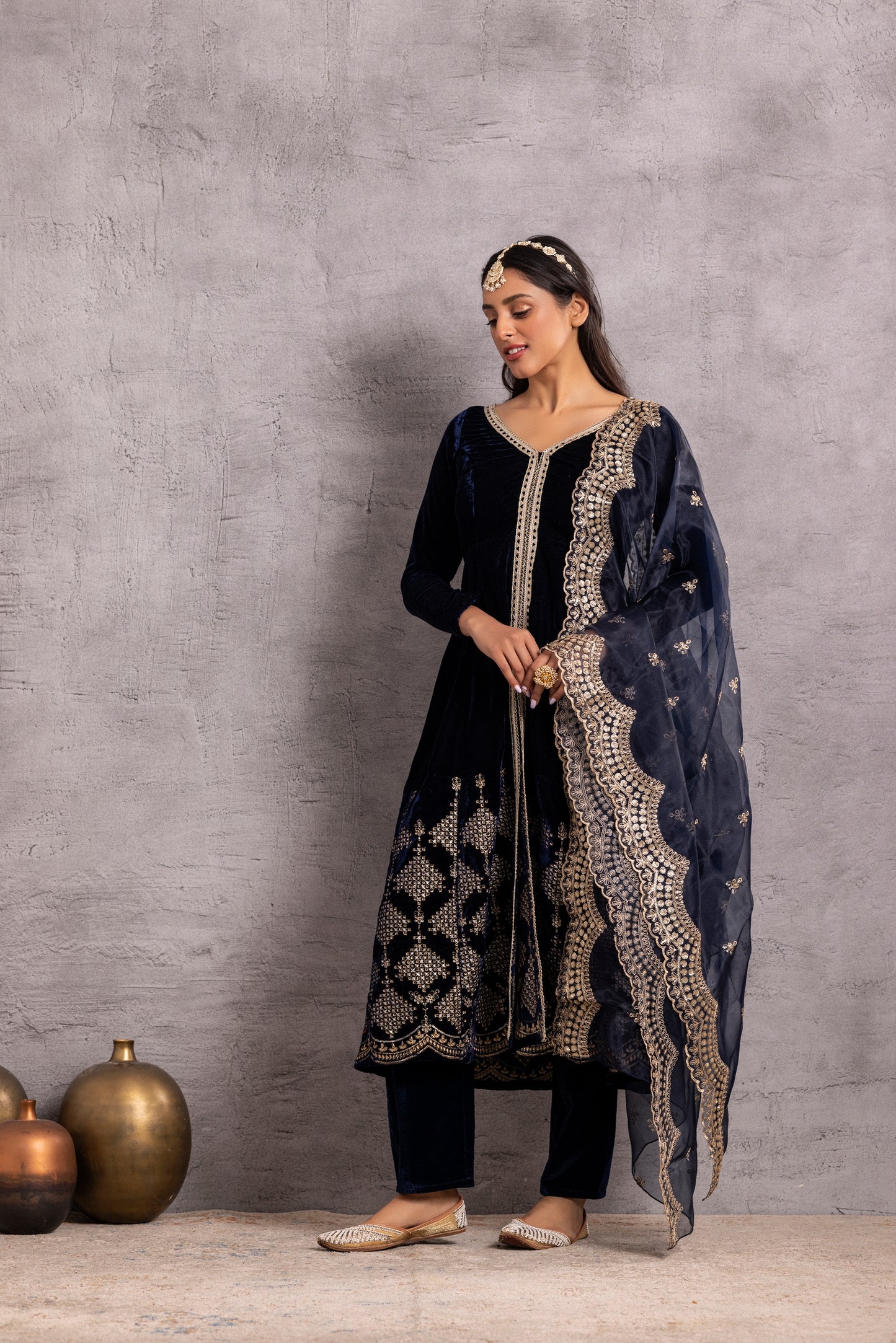 Navy blue velvet Suit Set with Organza Dupatta