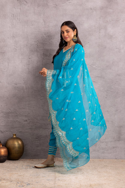 Azure Blue and Gold embroidered suit set