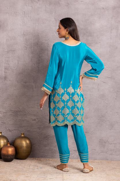 Azure Blue and Gold embroidered suit set